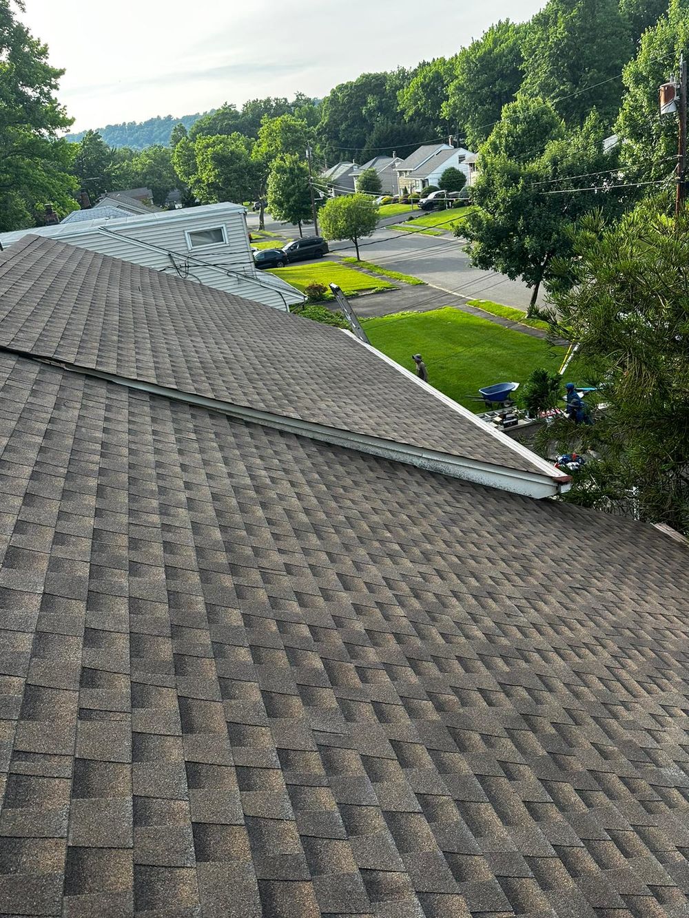 Completed roof with weathered-brown architectural shingles above a tree-lined street