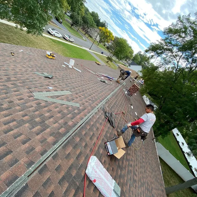 Two roofers installing new brown architectural shingles on a long roof slope