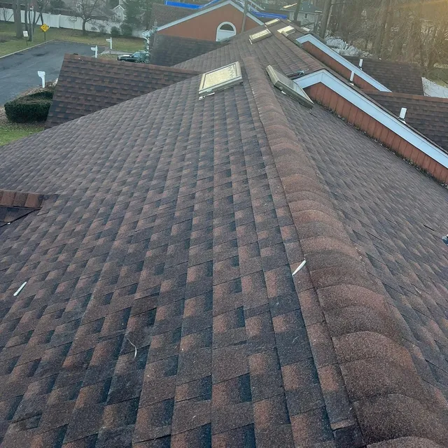 Brown architectural shingle roof with matching ridge caps and skylights along the far slope