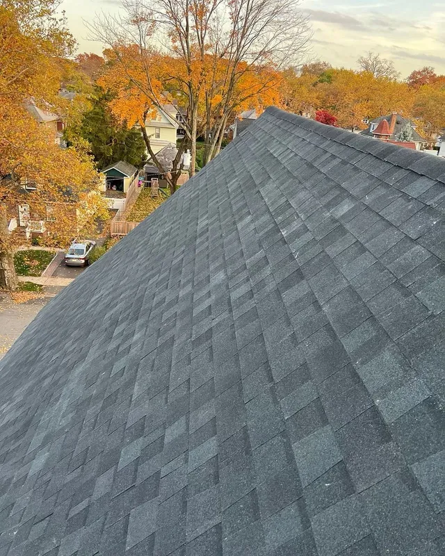 New charcoal shingle roof slope with autumn trees and neighboring houses below