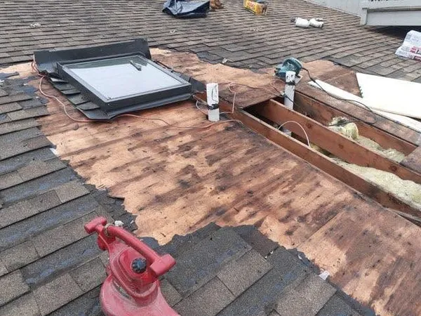 Rotted roof decking cut away beside a skylight, exposing the framing underneath