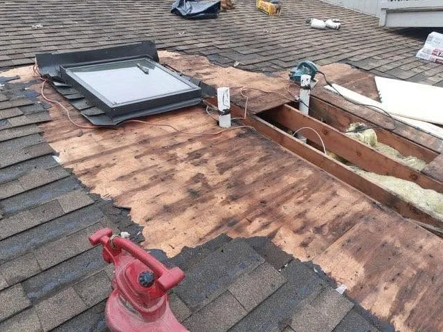 Rotted roof decking cut away beside a skylight, exposing the framing underneath