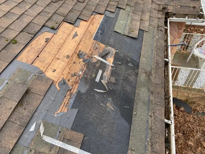 Shingles removed at the roof edge, showing stained, water-damaged decking beneath
