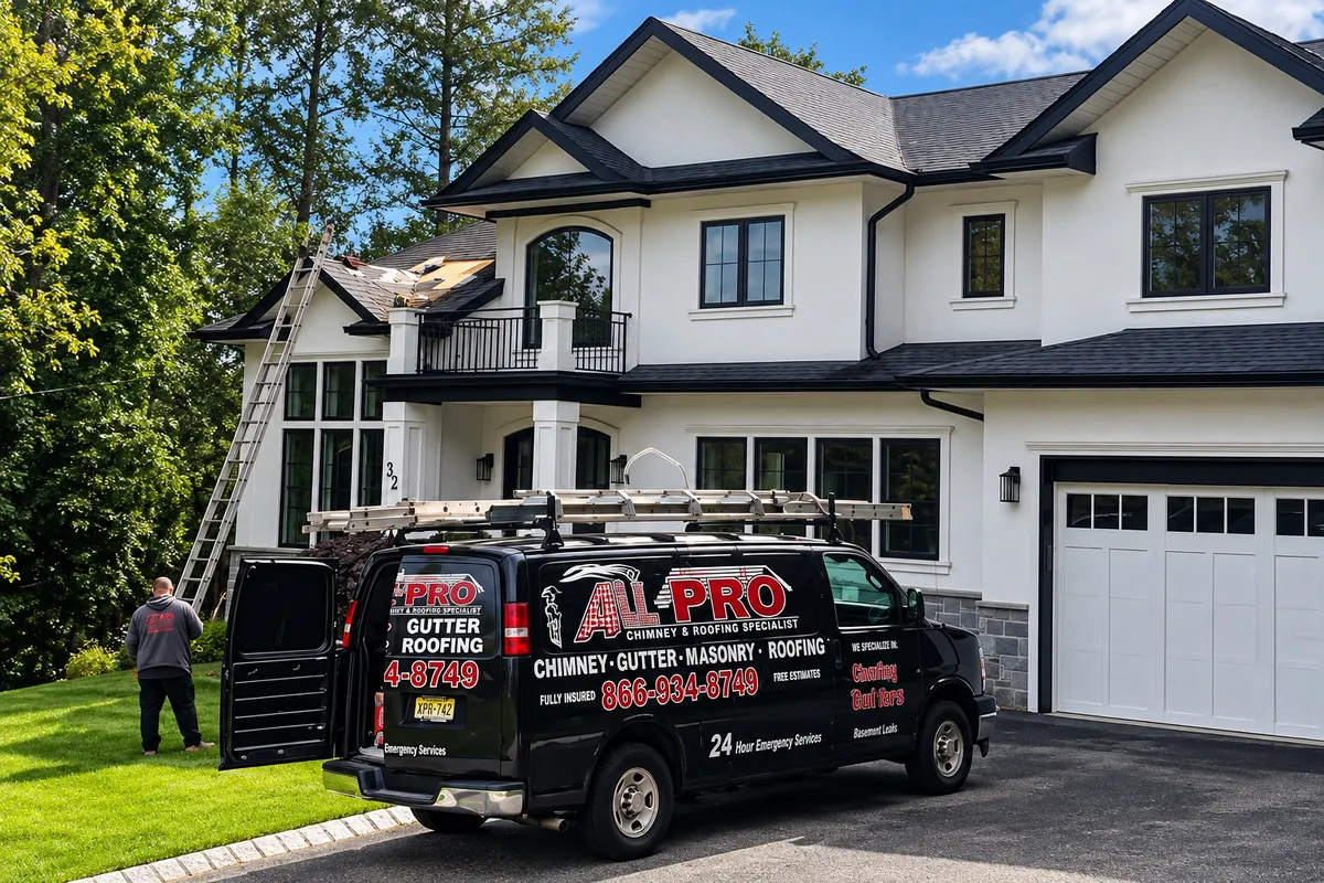 Black ALL PRO van with a ladder rack in the driveway of a large white home, with a ladder up to the roof
