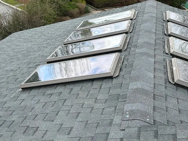 Gray architectural shingle roof with a row of skylights on each side of the ridge