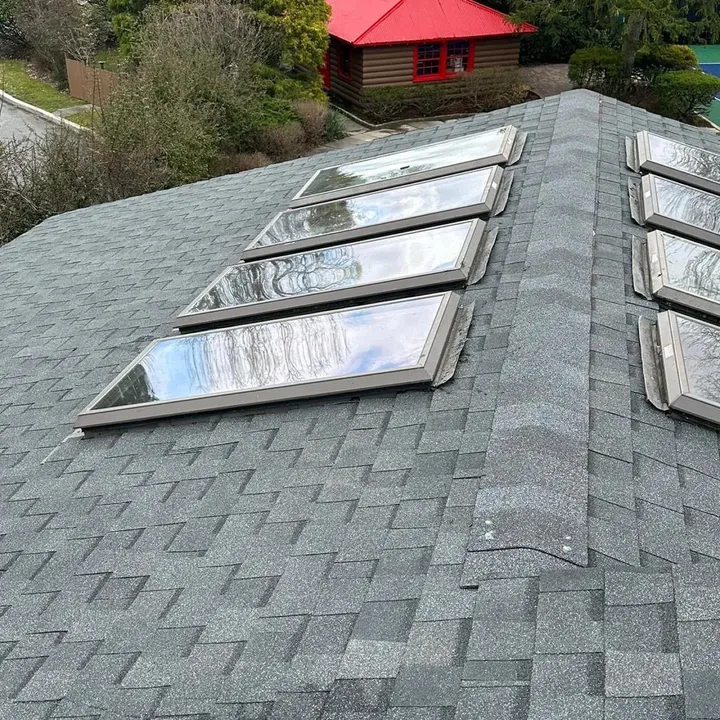 Two rows of skylights installed in a gray architectural shingle roof